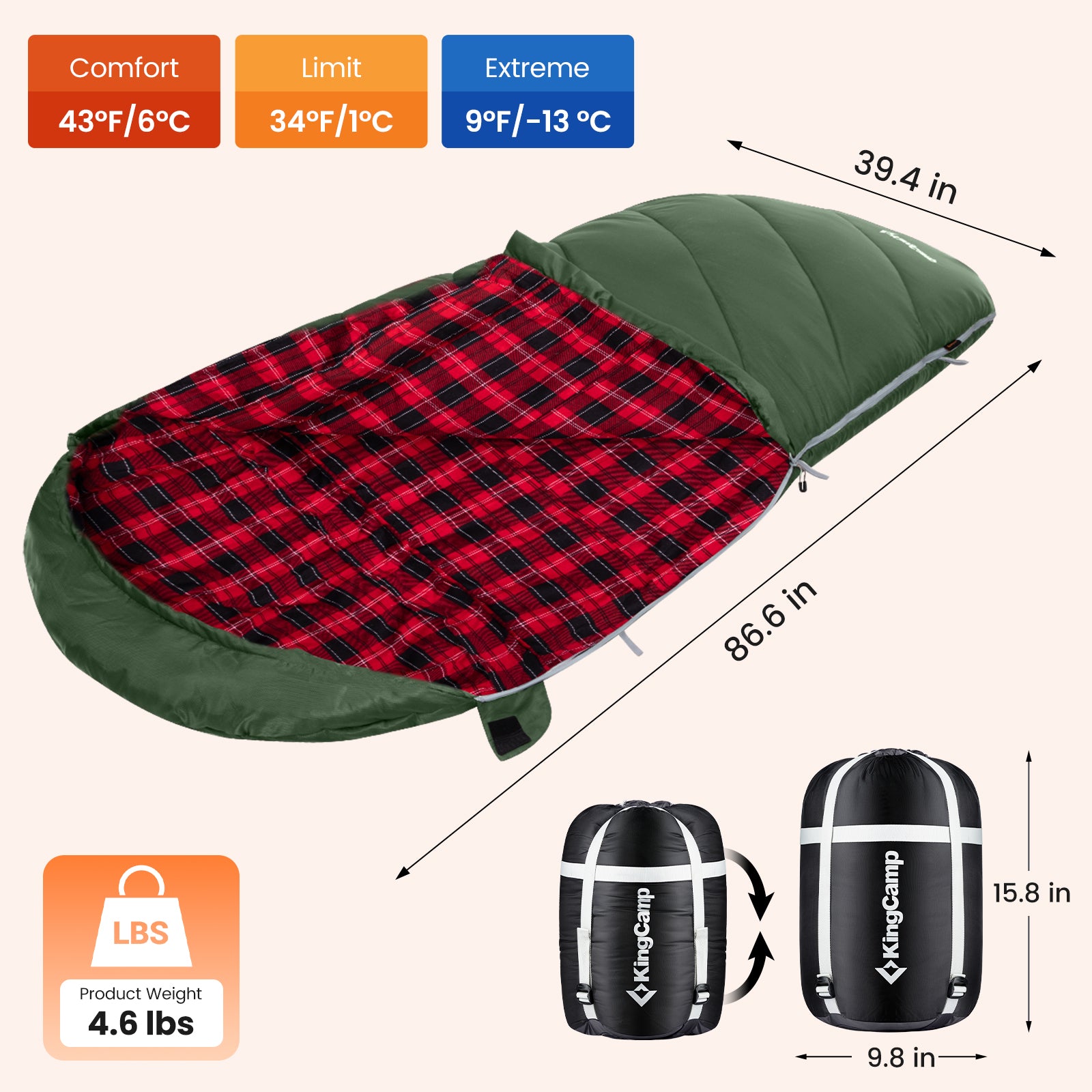 KingCamp Plus Size 3-4 Season Sleeping Bag