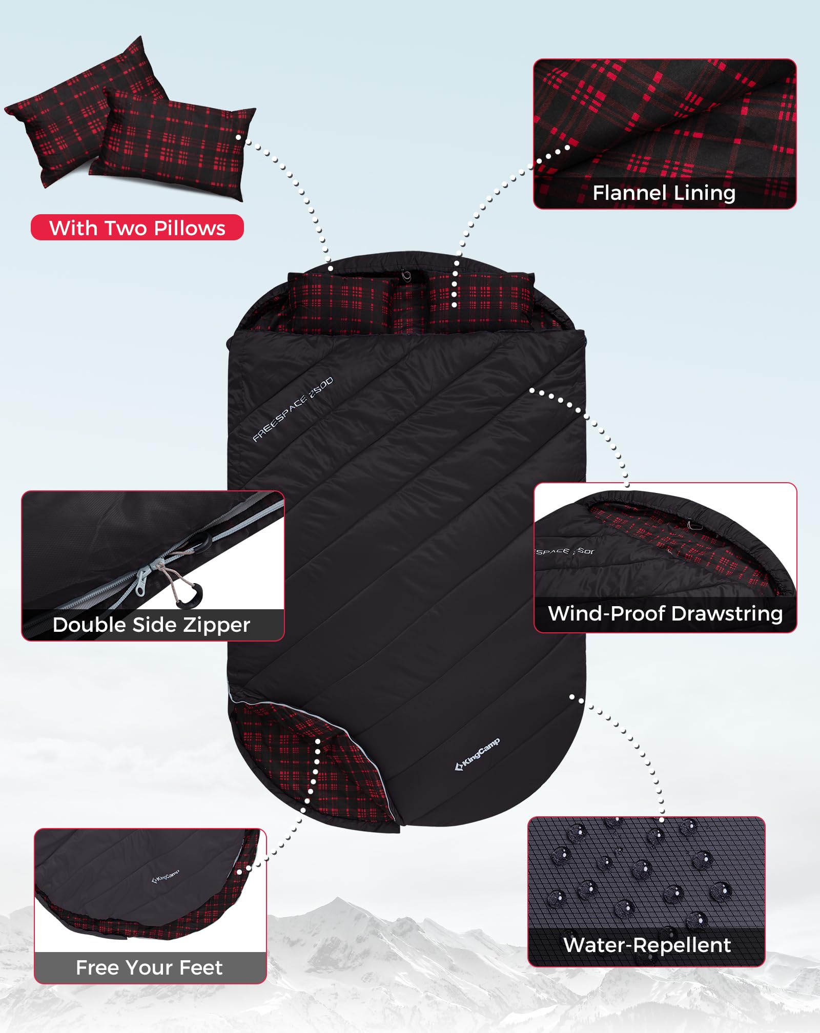 KingCamp FREESPACE 250D Flannel Lined Double Sleeping Bag