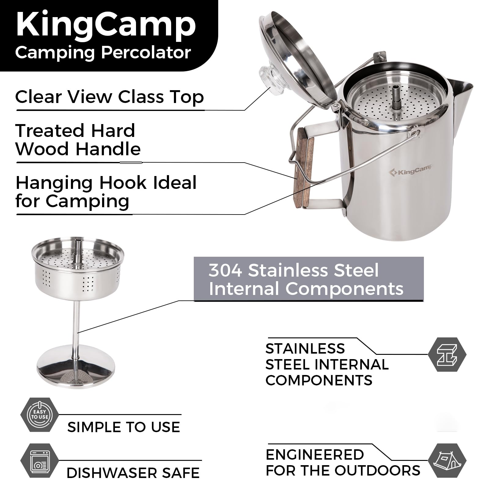 KingCamp 12-Cup Stainless Steel Camping Coffee Percolator