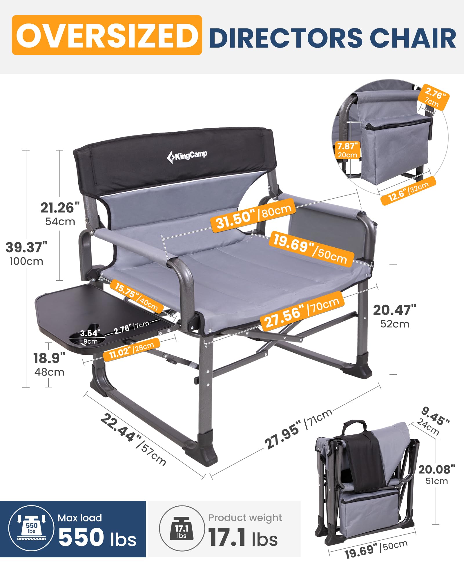 KingCamp XXL Folding Padded Director's Chair with Side Table