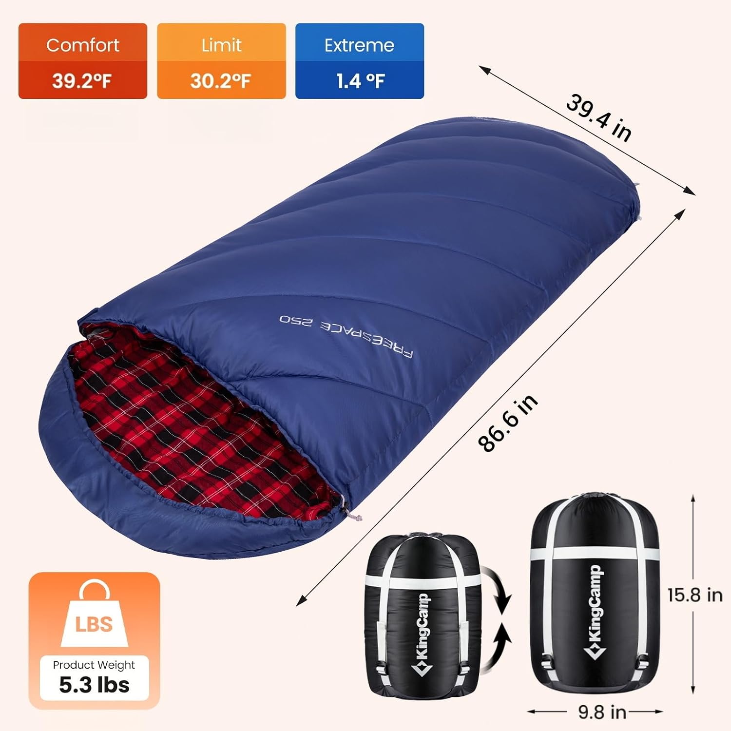 KingCamp 350g Filling Plus Size 3-4 Season Navy Sleeping Bag