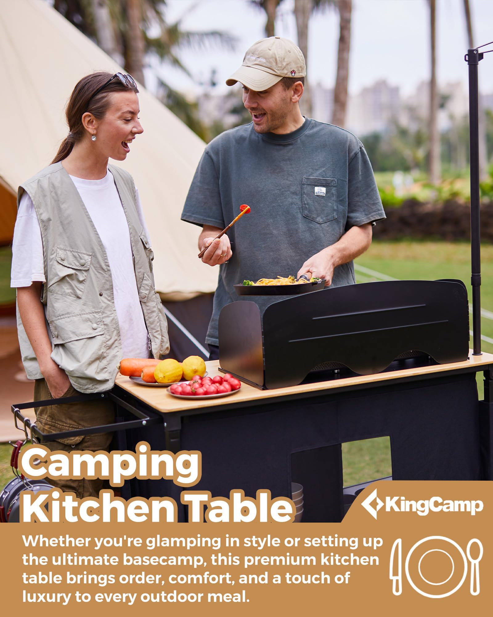 KingCamp Bamboo Camping Kitchen Table with Lantern Stand