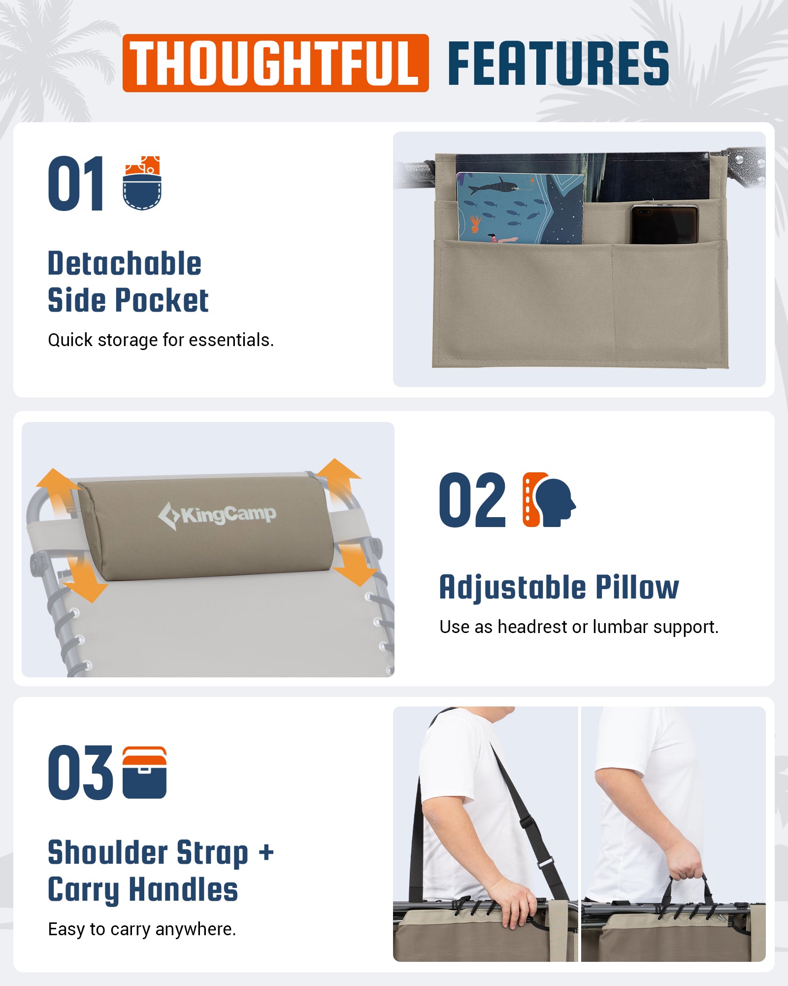 KingCamp MAGNOLIA B30 Backpack Chaise Lounge with Adjustable Canopy and Face Hole