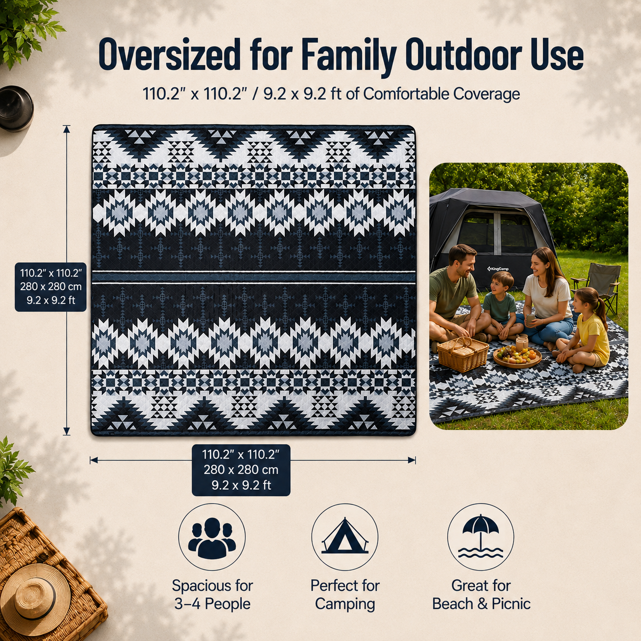 KingCamp ISIAY MAX 2.8 Extra-Large Waterproof Camping Tent Mat - Aztec Pattern