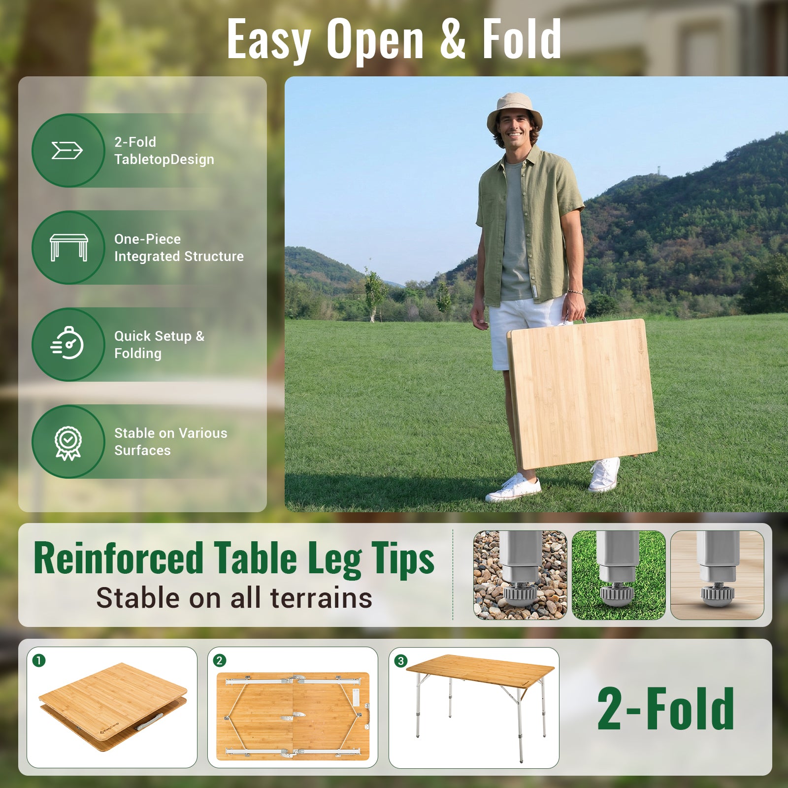 KingCamp 2-Folded 6 People Bamboo Folding Table (47x27)