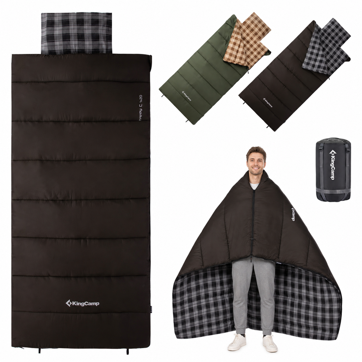 KingCamp Trippy C Single Envelope Sleeping Bag with Flannel Lining & Pillow