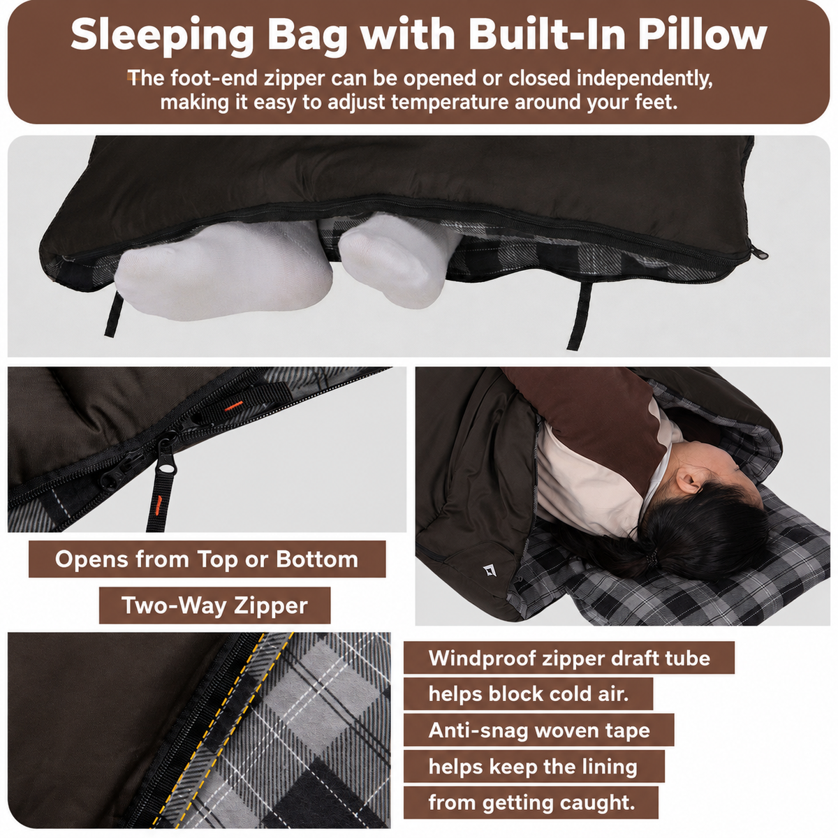 KingCamp Trippy C Single Envelope Sleeping Bag with Flannel Lining & Pillow