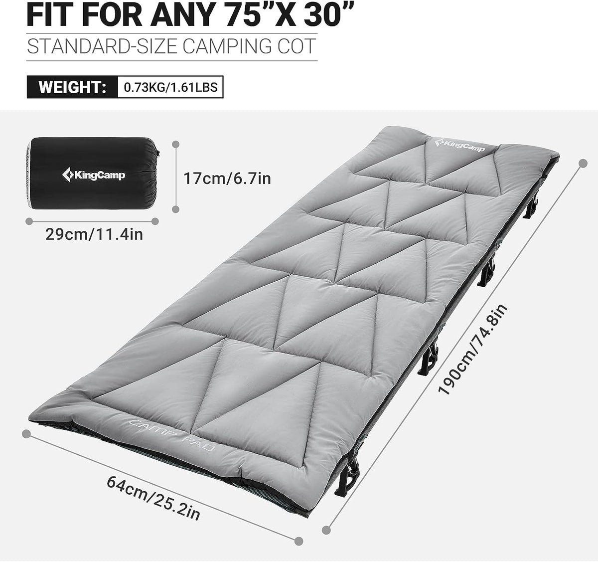 KingCamp 3" Self-Inflating Sleeping Pad - 78x30x3 Inch With R-Value 6.1 For 4 Season Camping