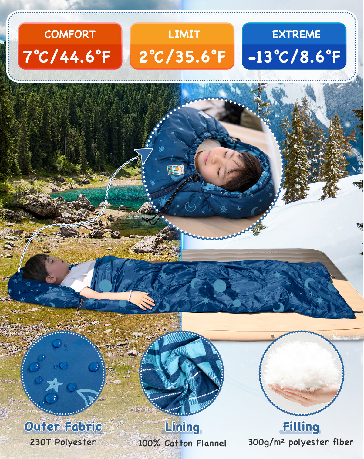 KingCamp Galaxy Zoo C 300 Kids Sleeping Bag – Adjustable Length