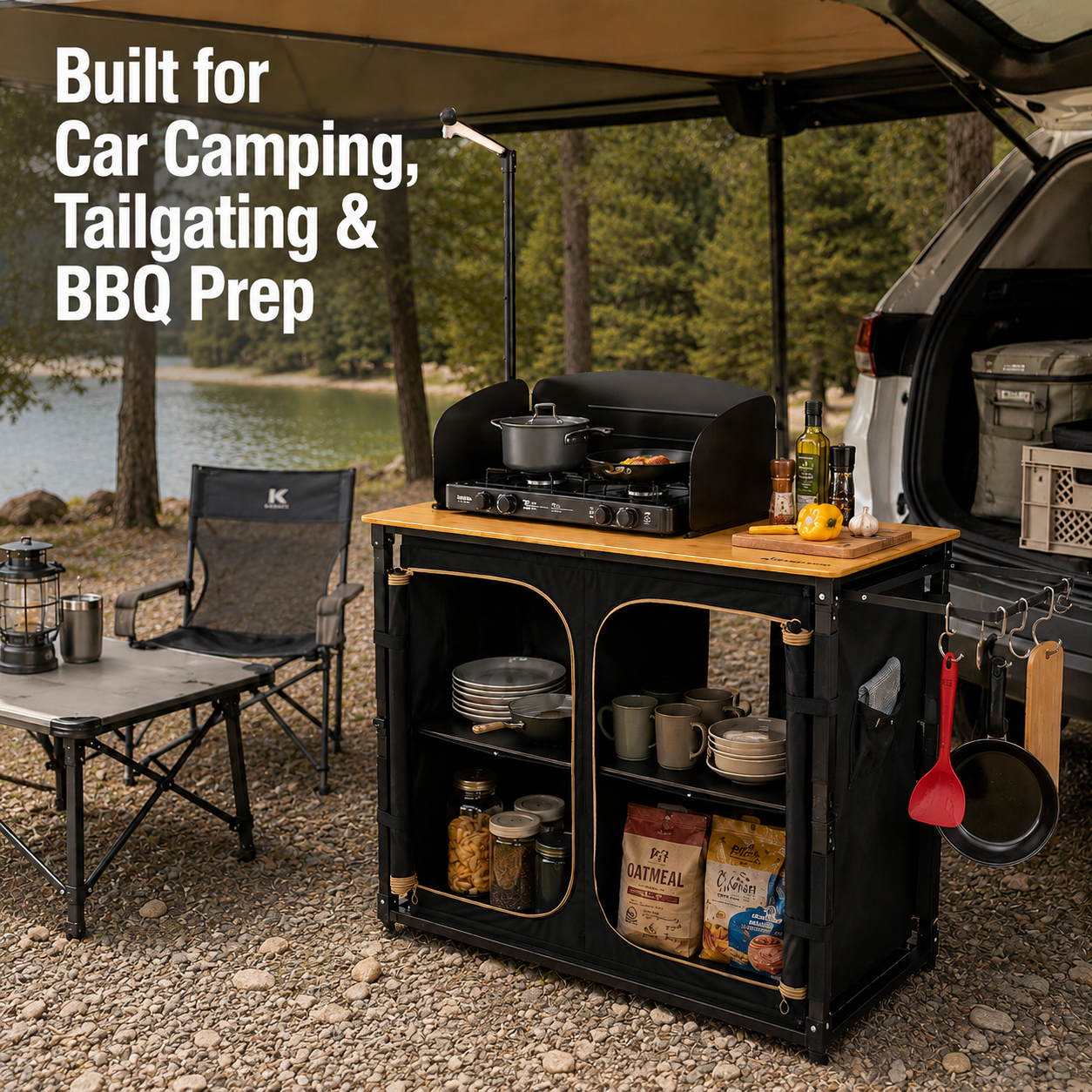 KingCamp Bamboo Camping Kitchen Table with Lantern Stand