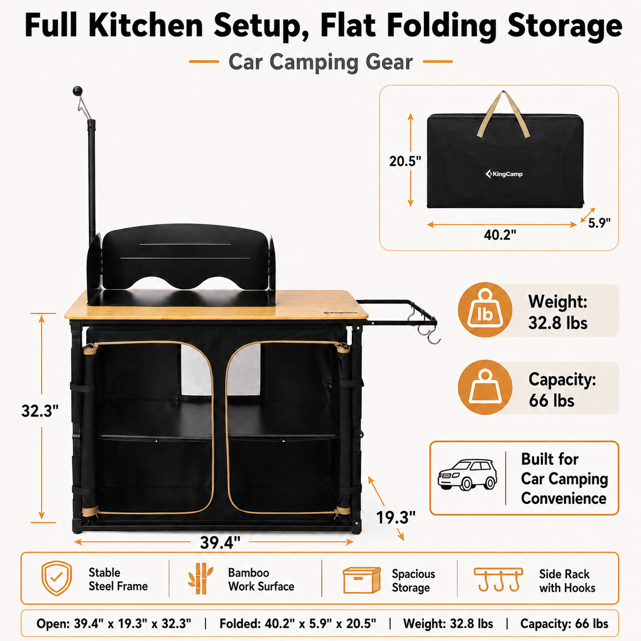 KingCamp Bamboo Camping Kitchen Table with Lantern Stand