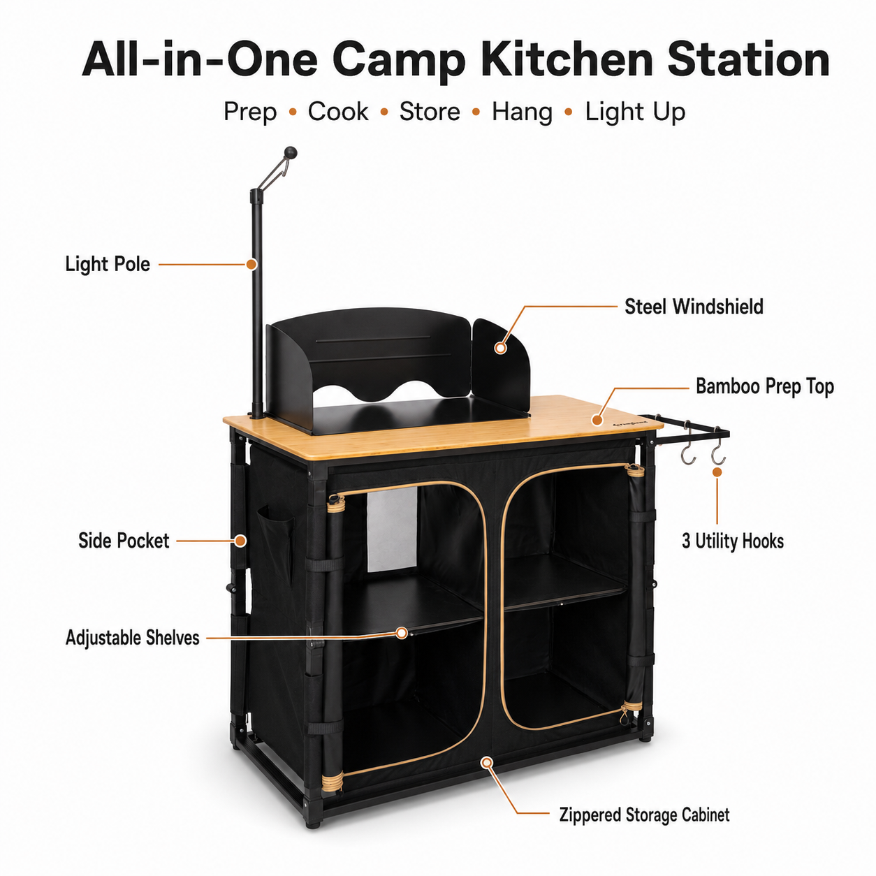 KingCamp Bamboo Camping Kitchen Table with Lantern Stand
