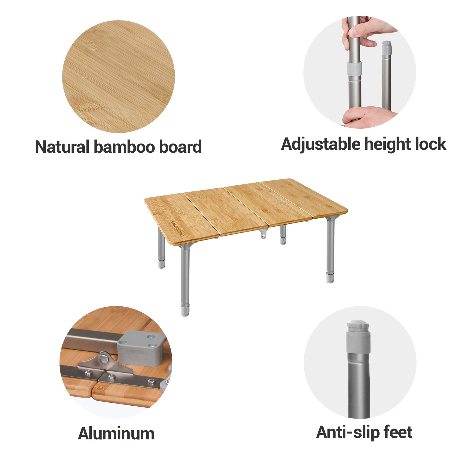 KingCamp Adjustable Height 4-Folds Portable Bamboo Table