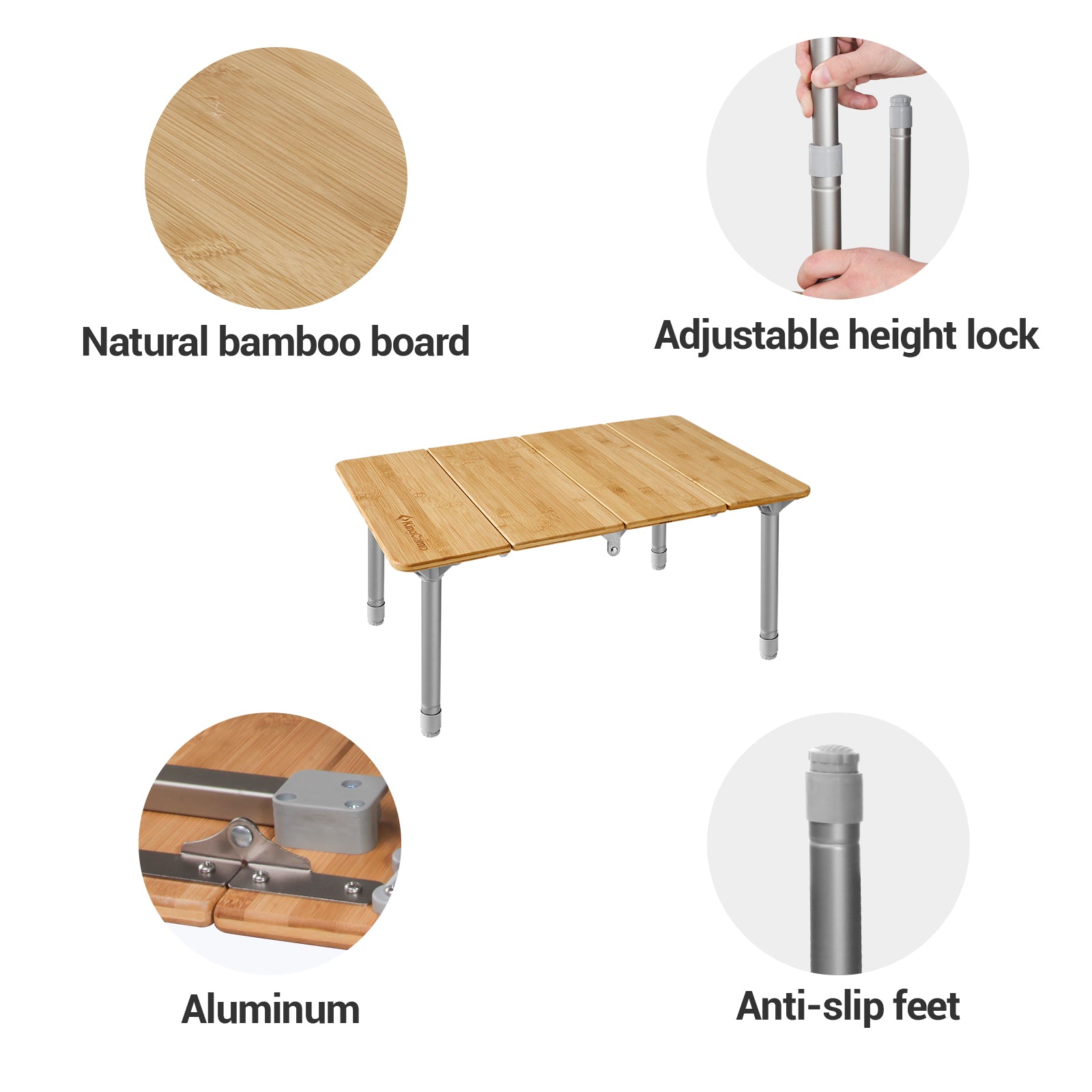 KingCamp Small Adjustable Height 4-Folds Portable Bamboo Table