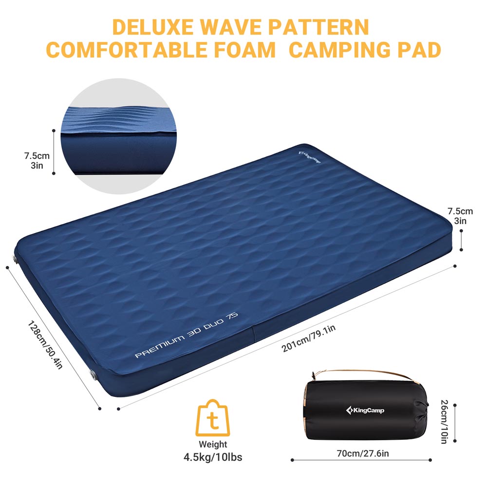 KingCamp Navy Double 3D 3" Thick Self-Inflating Sleeping Mattress