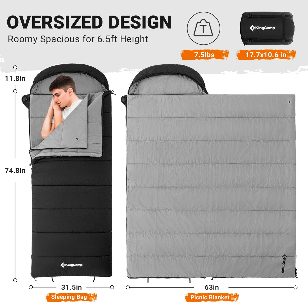 KingCamp 3in1 Envelope Sleeping Bag with Hood Versatile Luxury