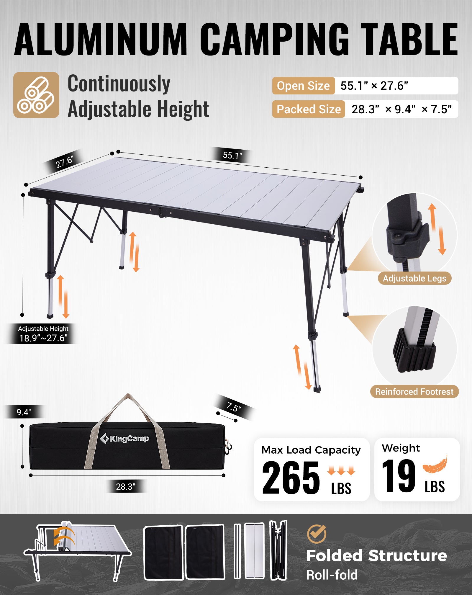 KingCamp GRANITE Adjustable Aluminum Table with Carrying Bag
