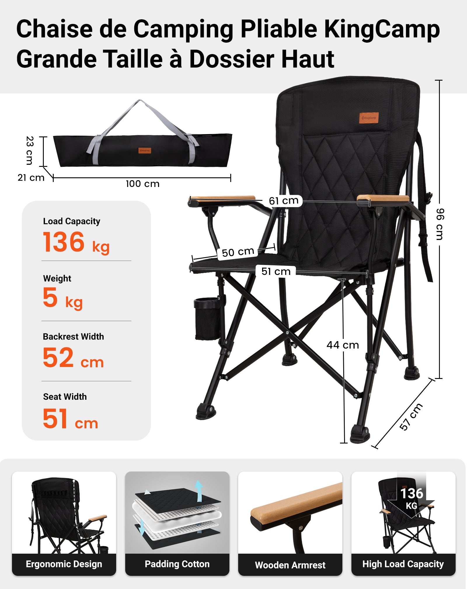 KingCamp GUAVA Padded High Back Folding Chair