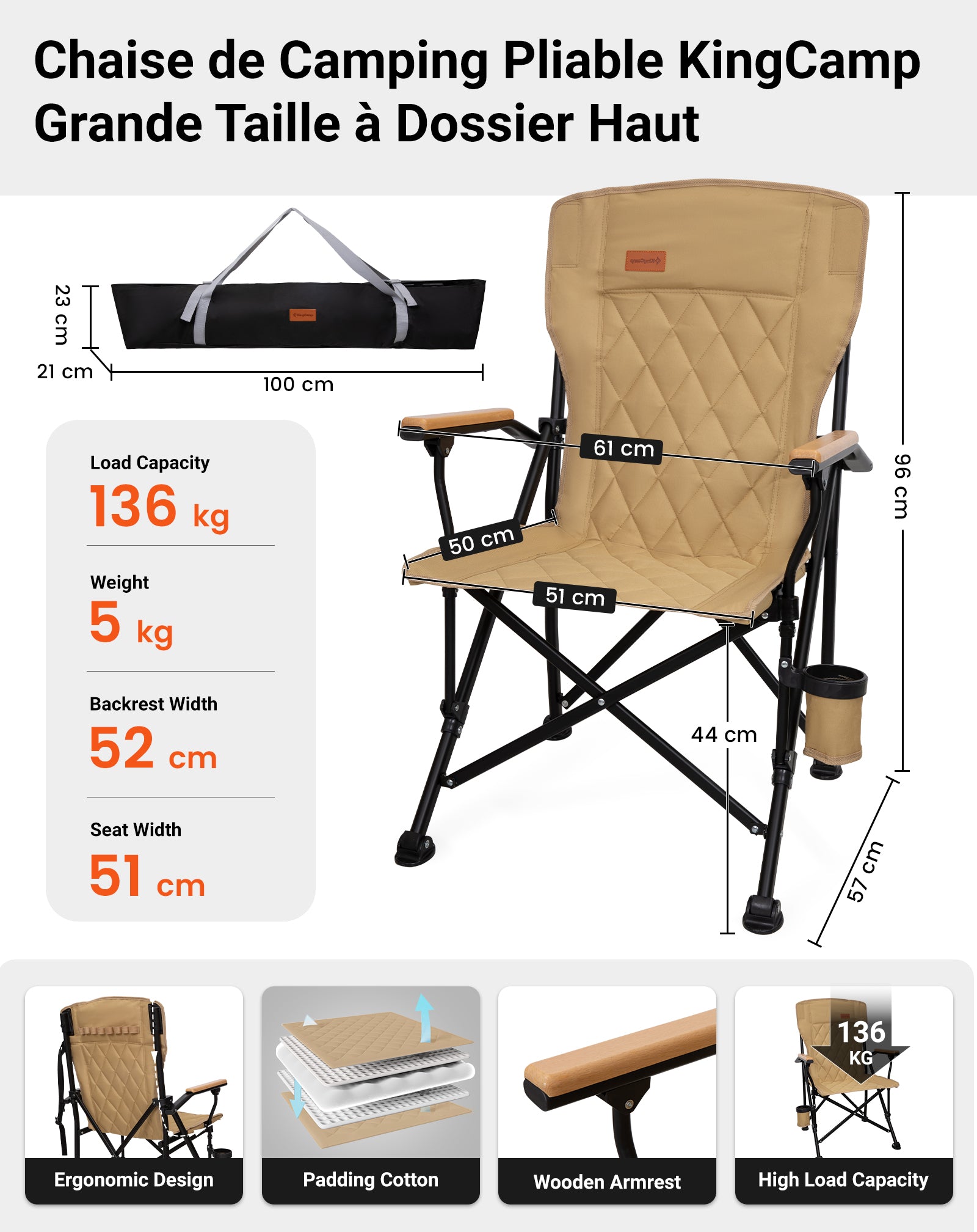 KingCamp GUAVA Padded High Back Folding Chair