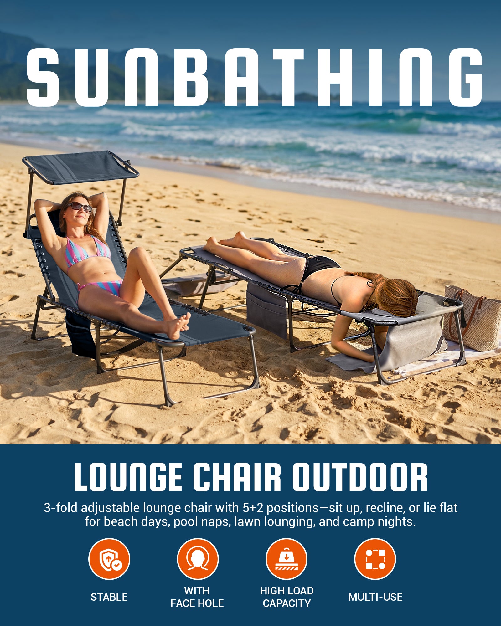 KingCamp MAGNOLIA B30 Backpack Chaise Lounge with Adjustable Canopy and Face Hole