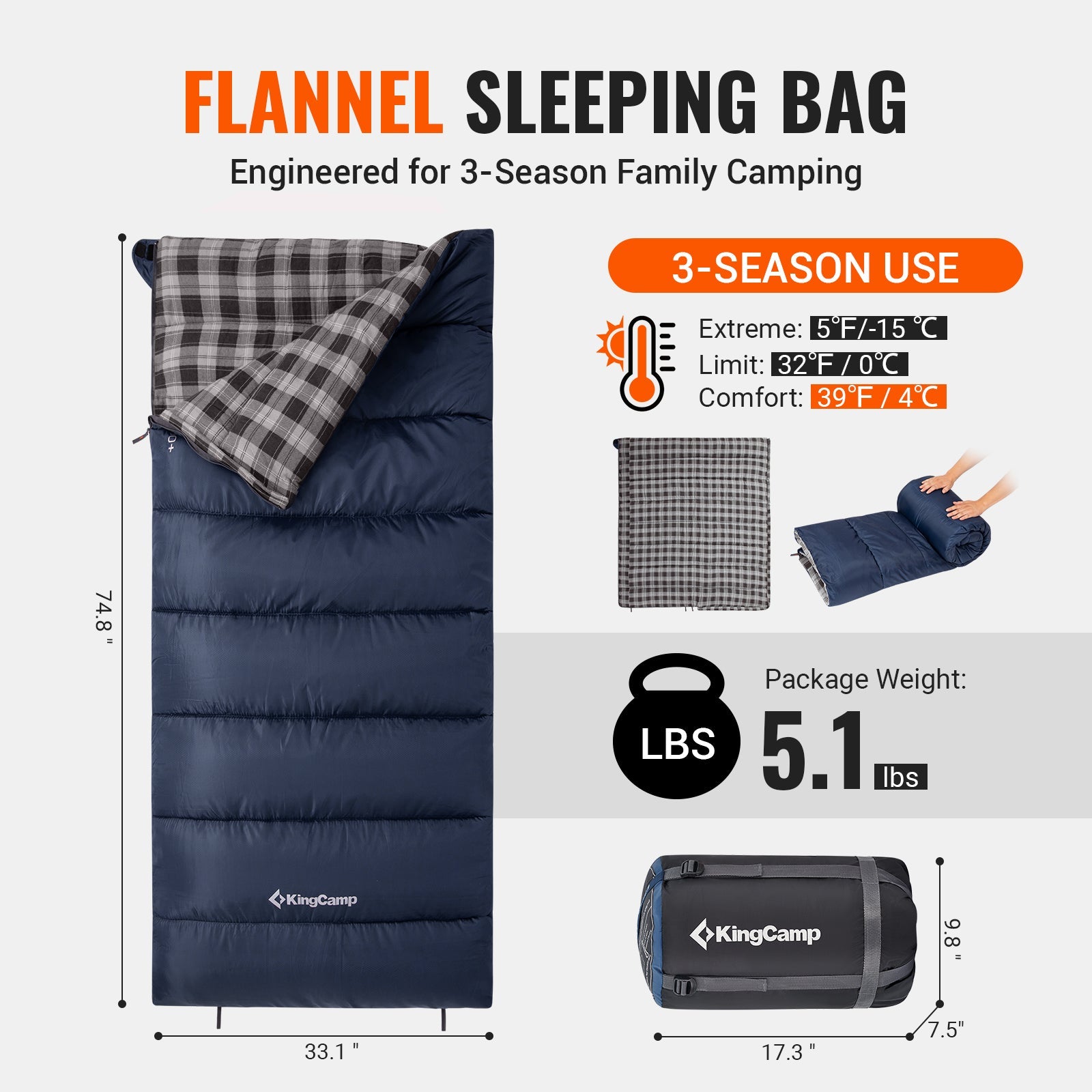 KingCamp SNOWFLAKE 400 Flannel Single Sleeping Bag