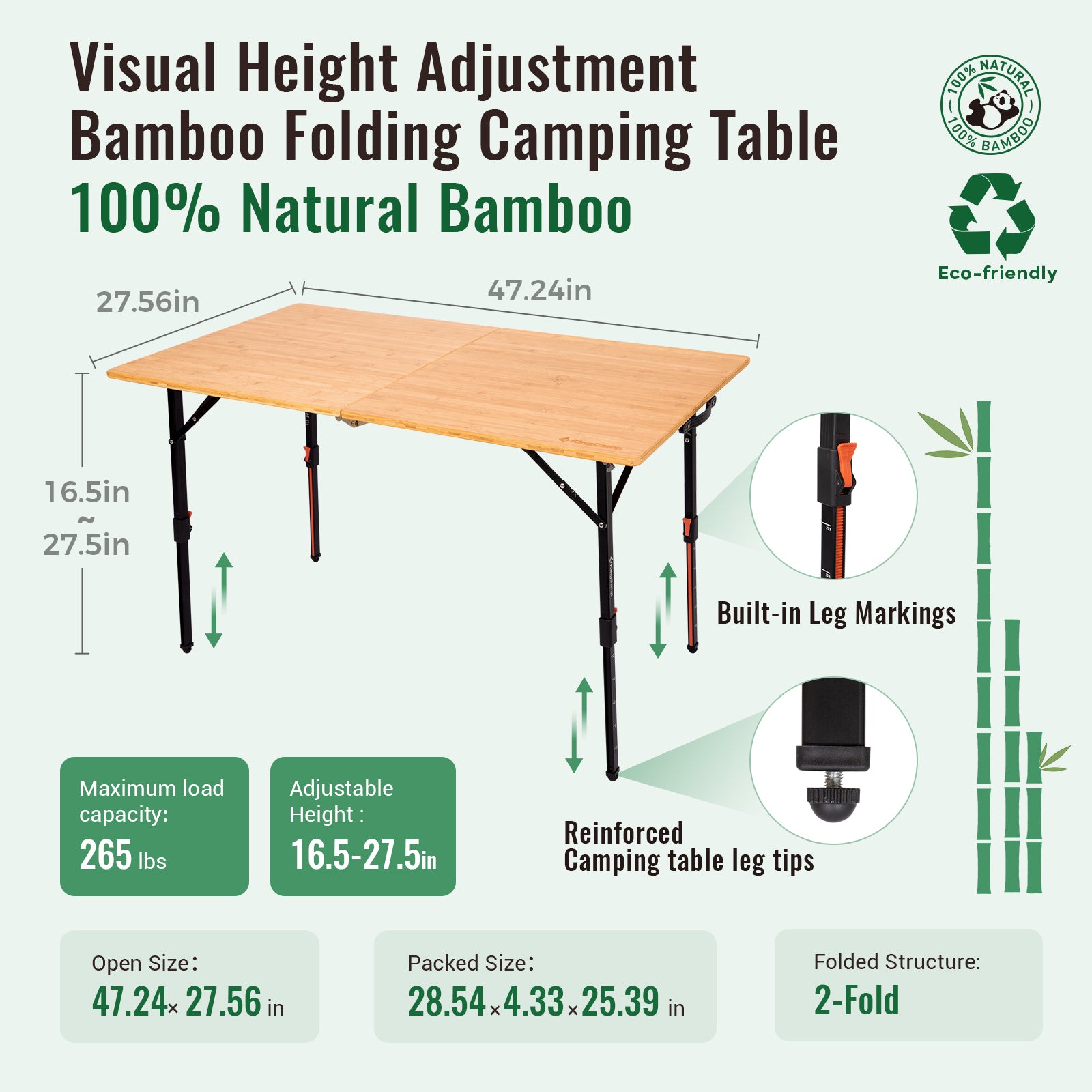 KingCamp BamAura 12070 Bamboo Folding Table 47x27