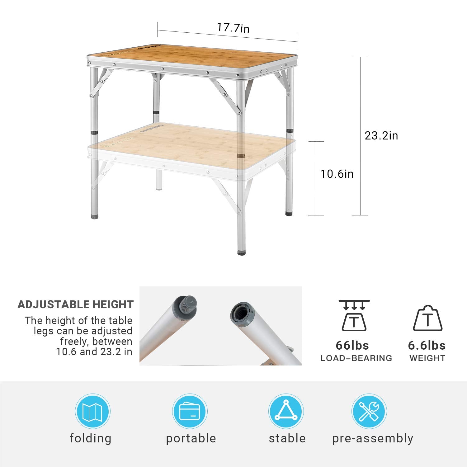 KingCamp Adjustable Bamboo Picnic Camping Table