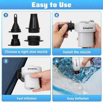 best mini air mattress pumps for backpacking KingCamp Quick-Fill Electric Air Pump with 4 Nozzles
