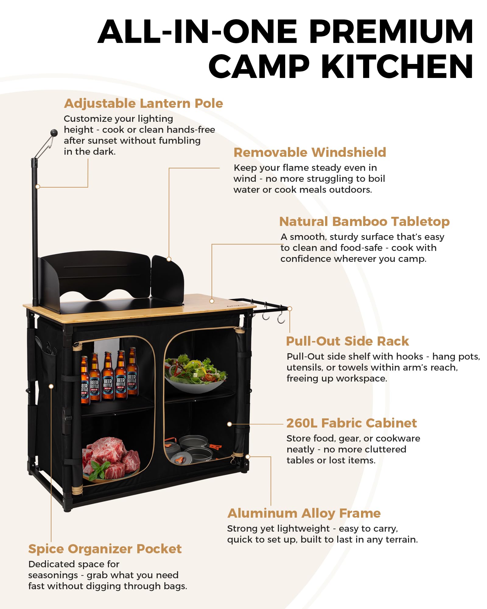 KingCamp Bamboo Camping Kitchen Table with Lantern Stand