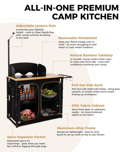 KingCamp Bamboo Camping Kitchen Table with Lantern Stand