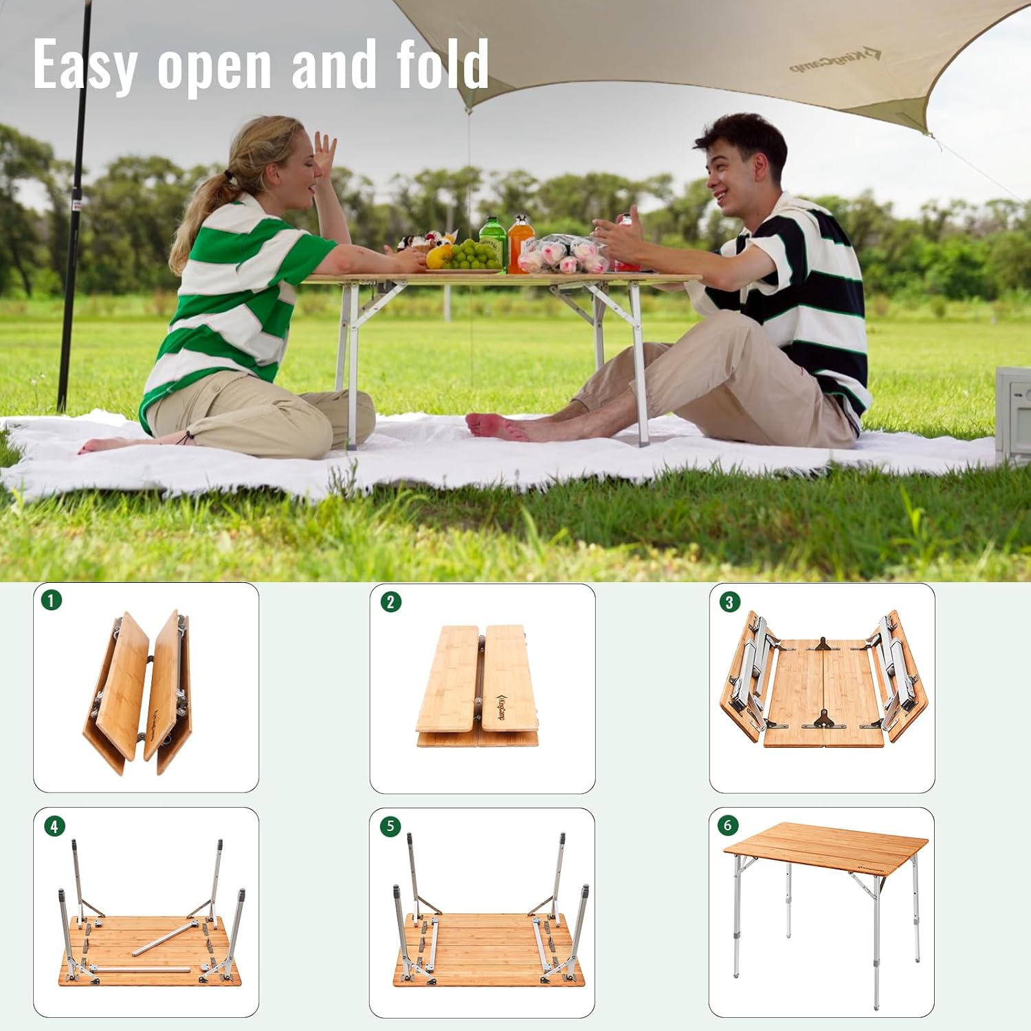 KingCamp Bamboo Folding Adjustable Height Camping Table 39x26