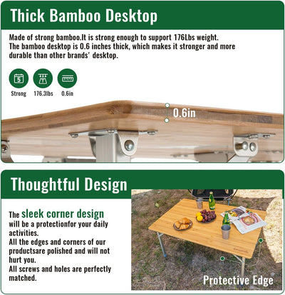 KingCamp Bamboo Folding Adjustable Height Camping Table 39x26