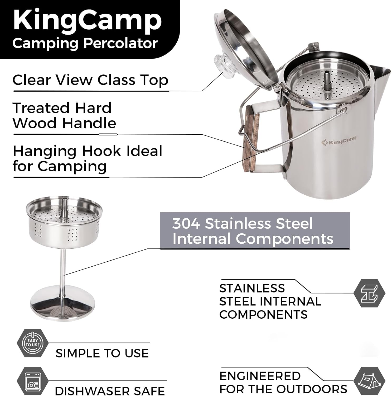 KingCamp 9-Cup Stainless Steel Camping Coffee Percolator