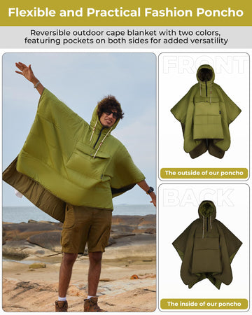 MURANO 180 Wearable 3-in-1 Convertible Camping Poncho with Kangaroo Pocket