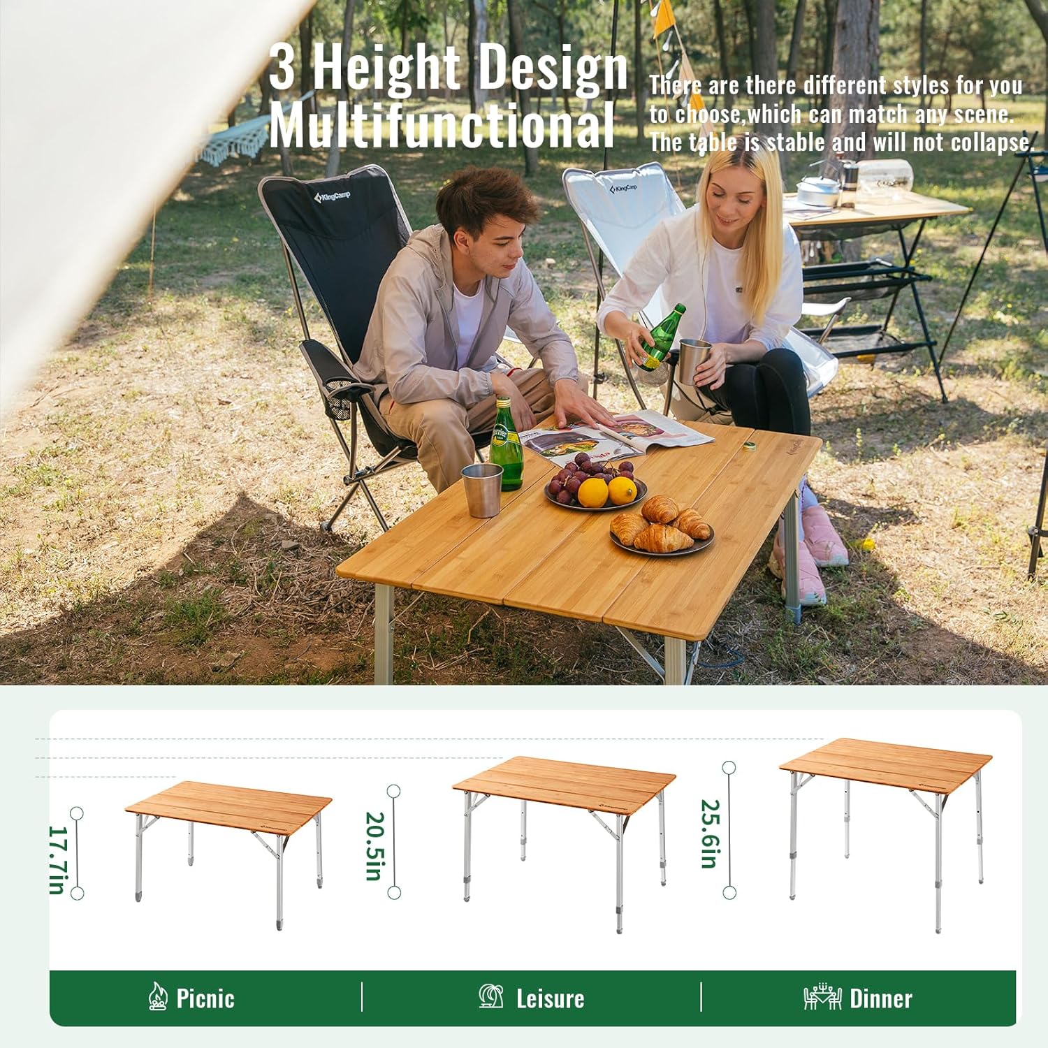 KingCamp Bamboo Folding Adjustable Height Camping Table 39x26