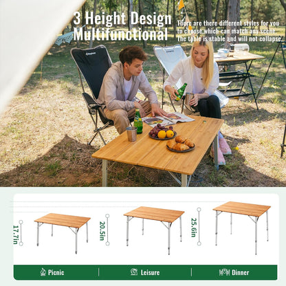 KingCamp Bamboo Folding Adjustable Height Camping Table 39x26