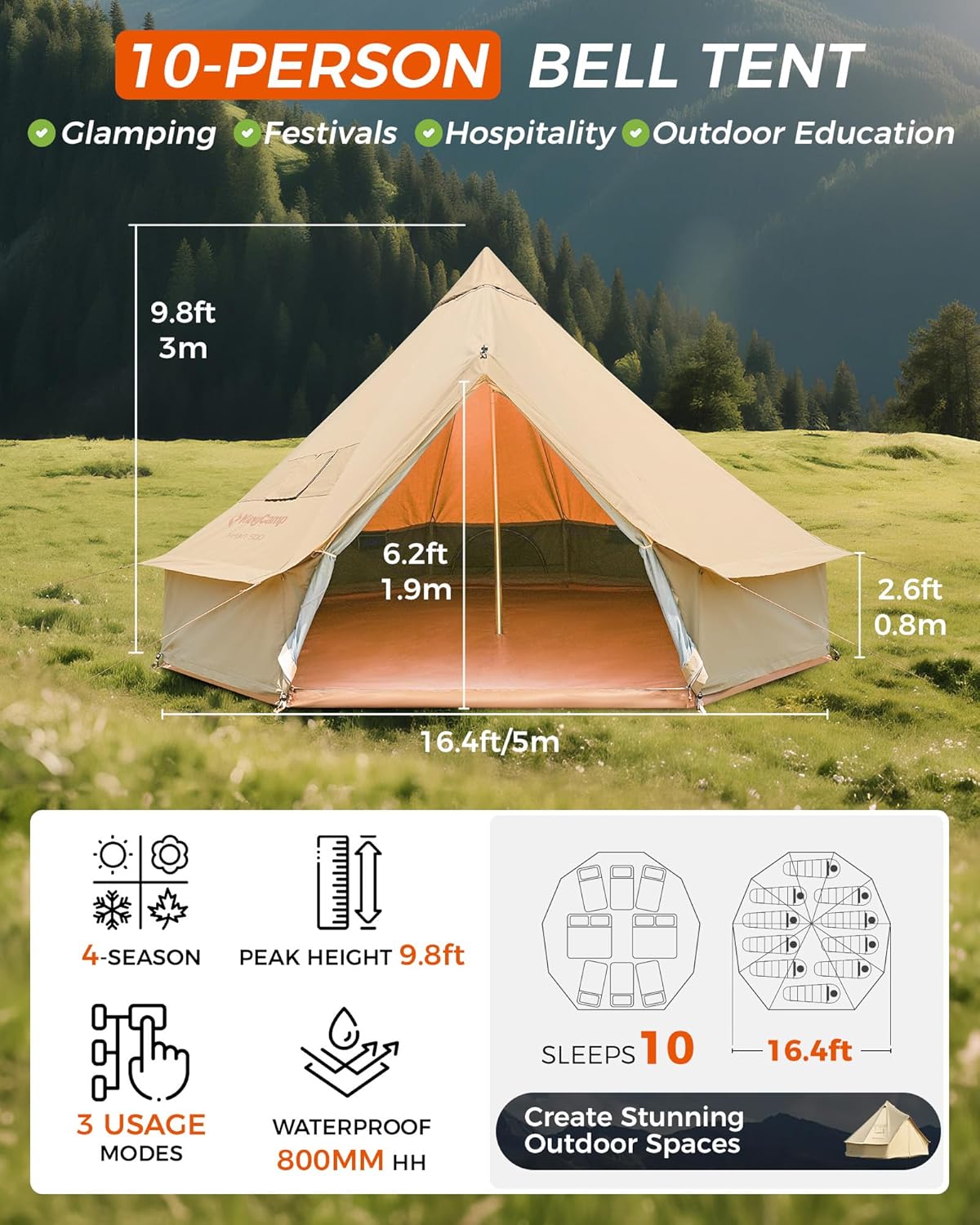 KingCamp KHAN 340GSM TC Canvas 4-Season Bell Tent