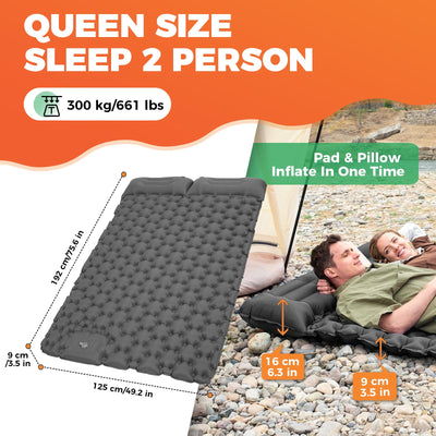 KingCamp COMFORT DUO 9 Double Air Pad with Built-in Foot Pump and Pillow