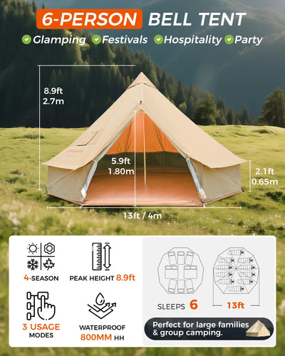 4m canvas bell tent KingCamp KHAN 340GSM TC Canvas 4-Season Bell Tent Khaki / 8-10 Person