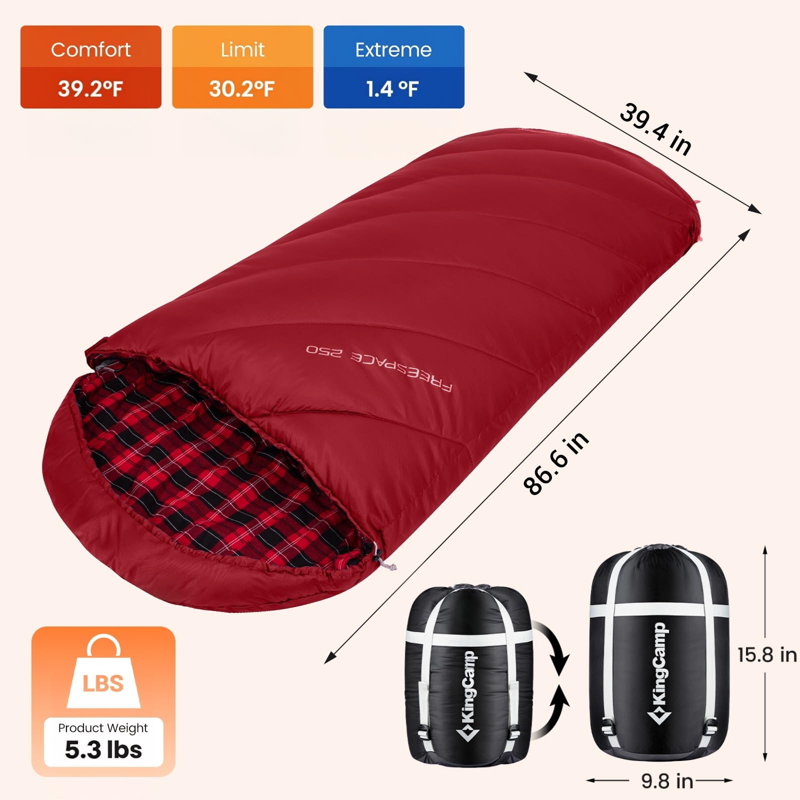 KingCamp 350g Filling Plus Size 3-4 Season Wine Sleeping Bag