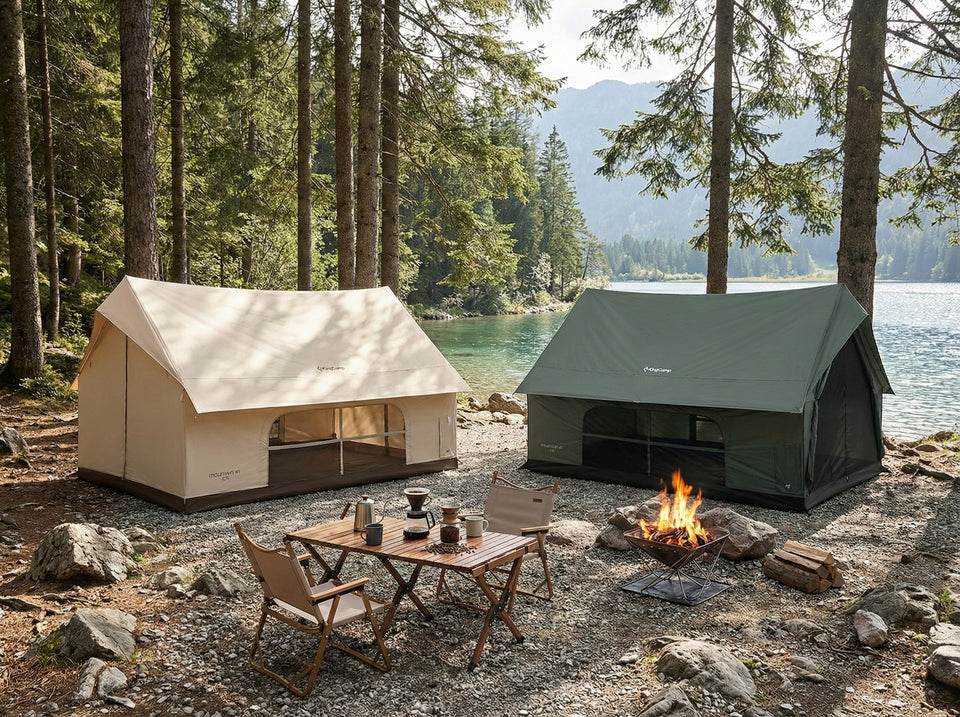 KingCamp MOUNTAIN IN C5 cabin tents at a lakeside forest campsite
