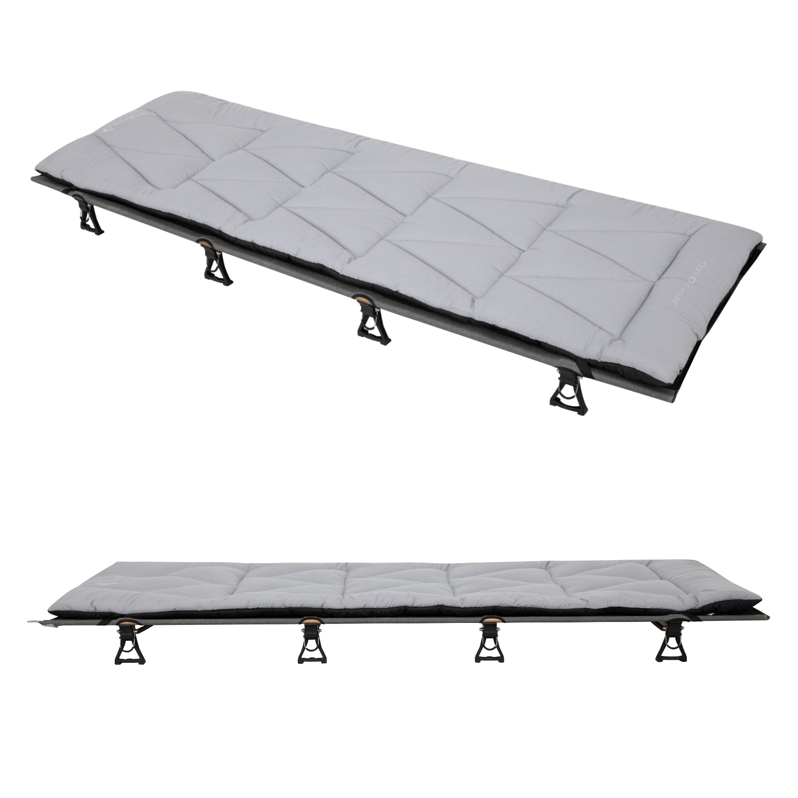 Foldable camping bed with quilted design on a white background