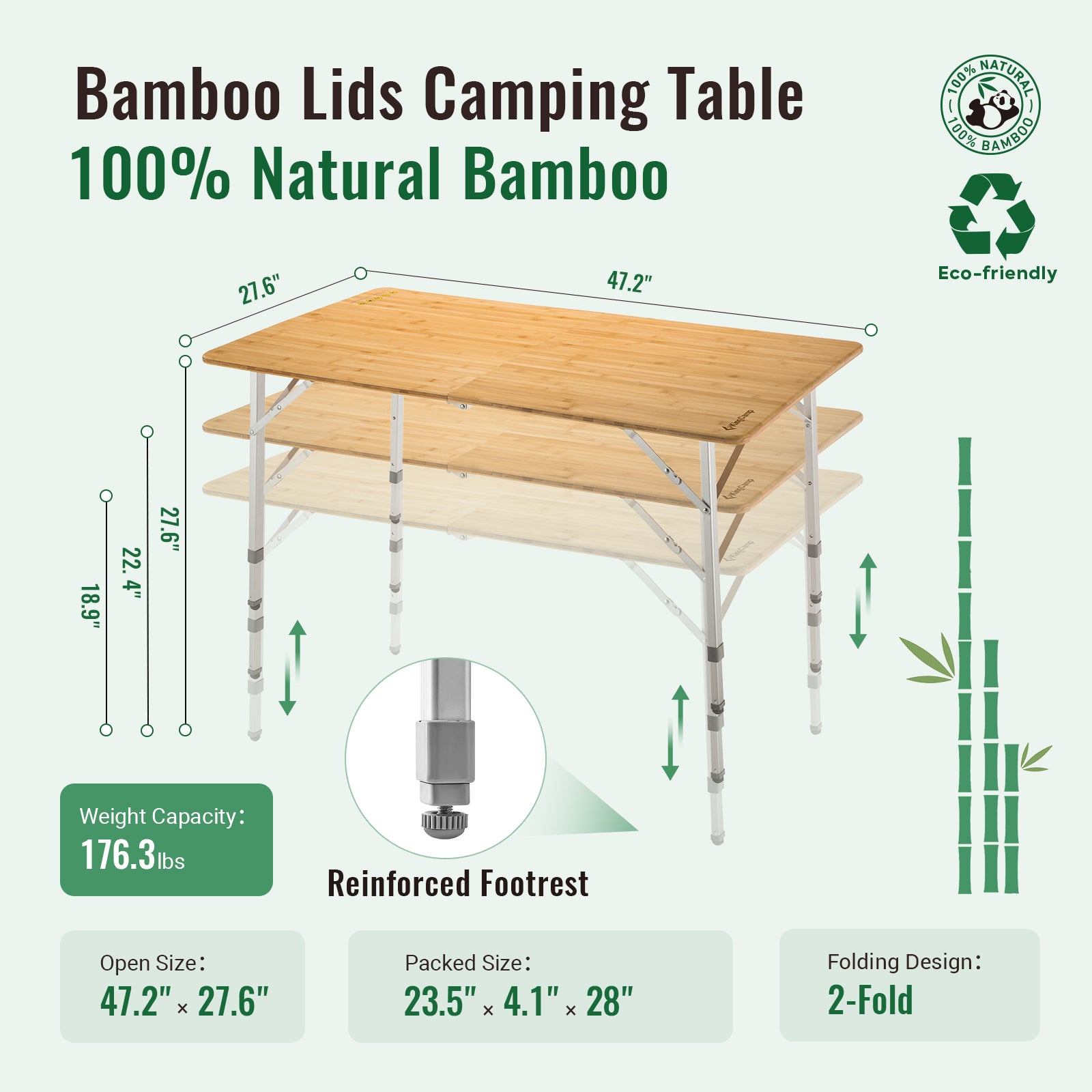 KingCamp 6-Person Bamboo Folding Table | Adjustable Height 47
