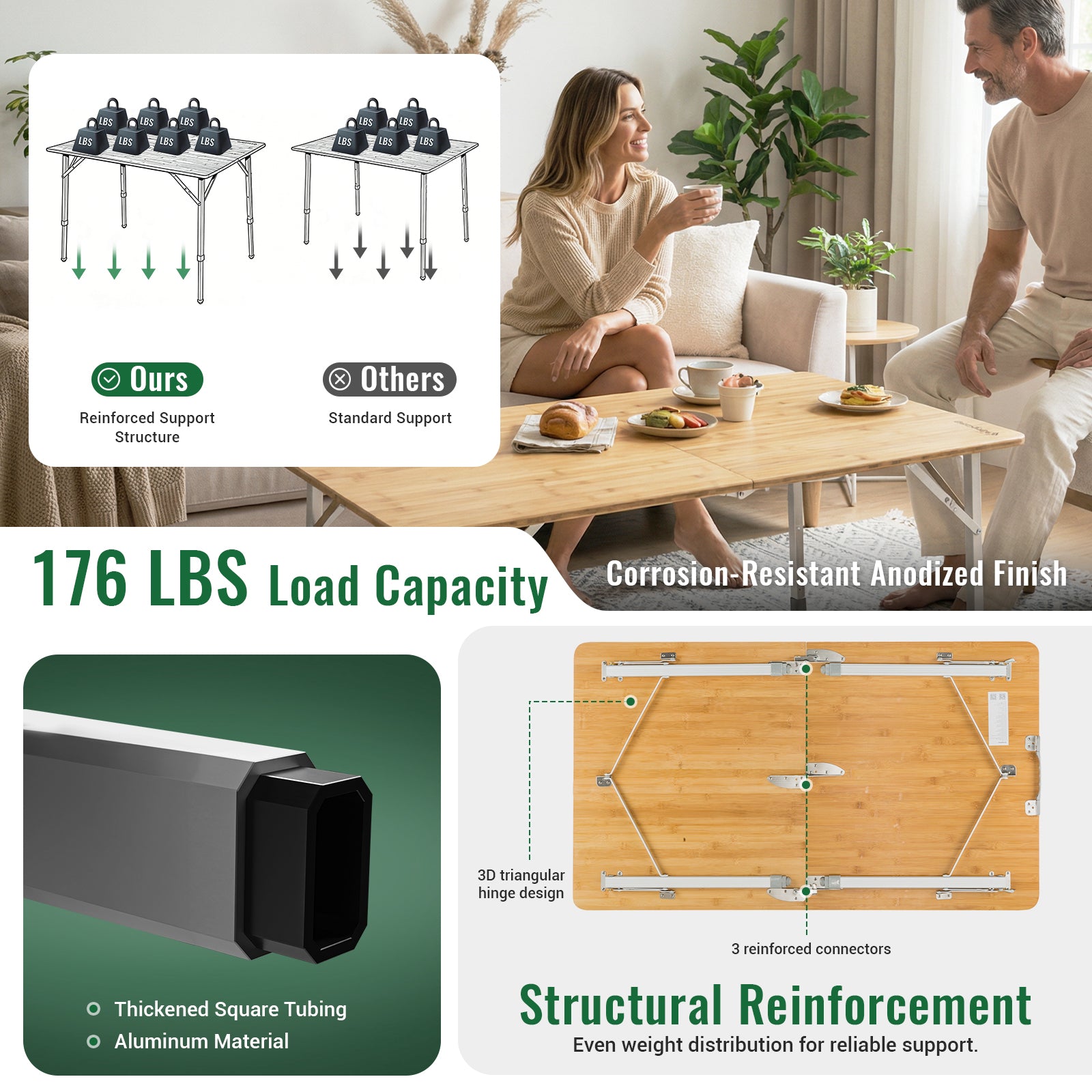 KingCamp 6-Person Bamboo Folding Table | Adjustable Height 47