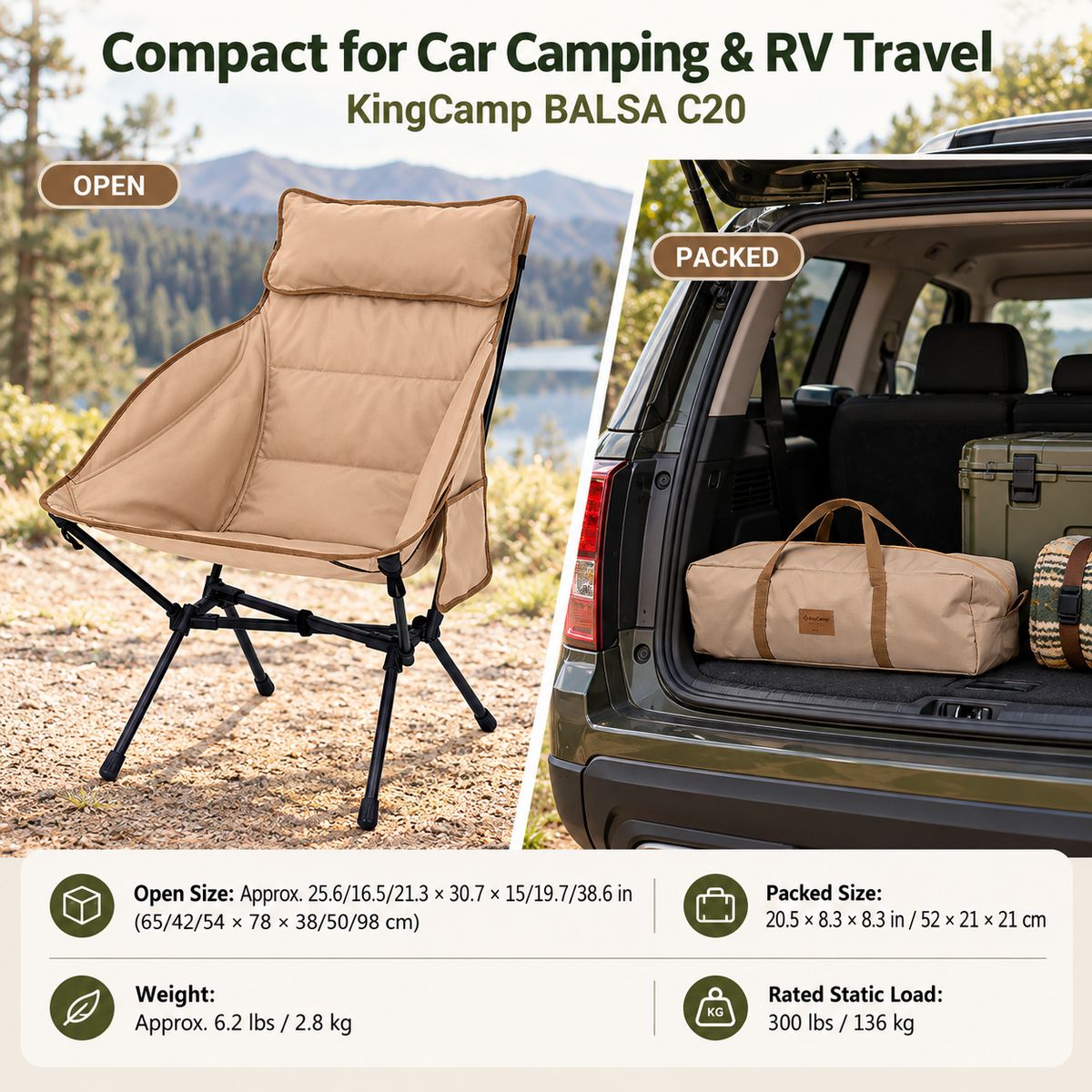 KingCamp BALSA C20 Padded High-Back Camping Chair