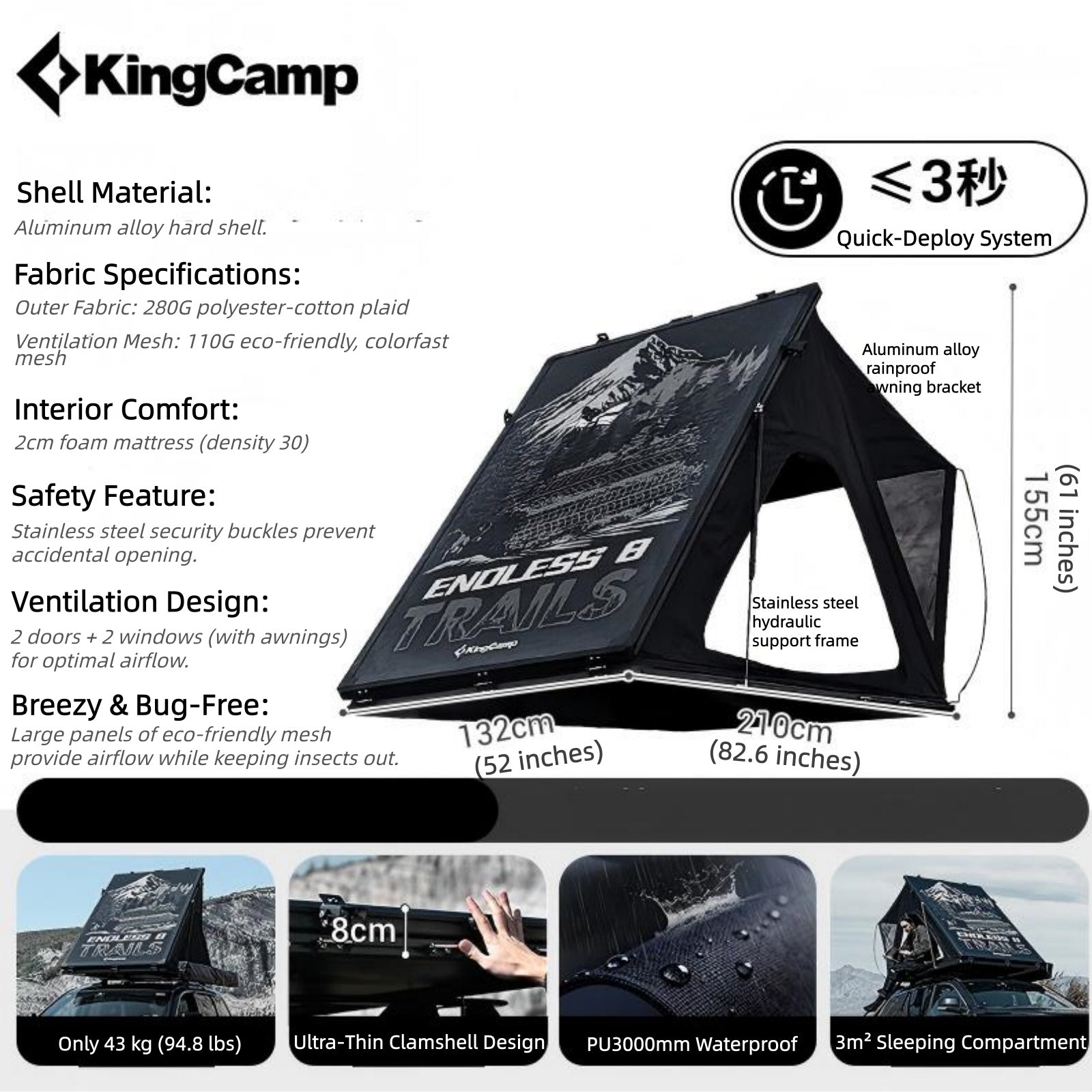 KingCamp ENDLESS 8 Aluminum Hardshell Rooftop Tent