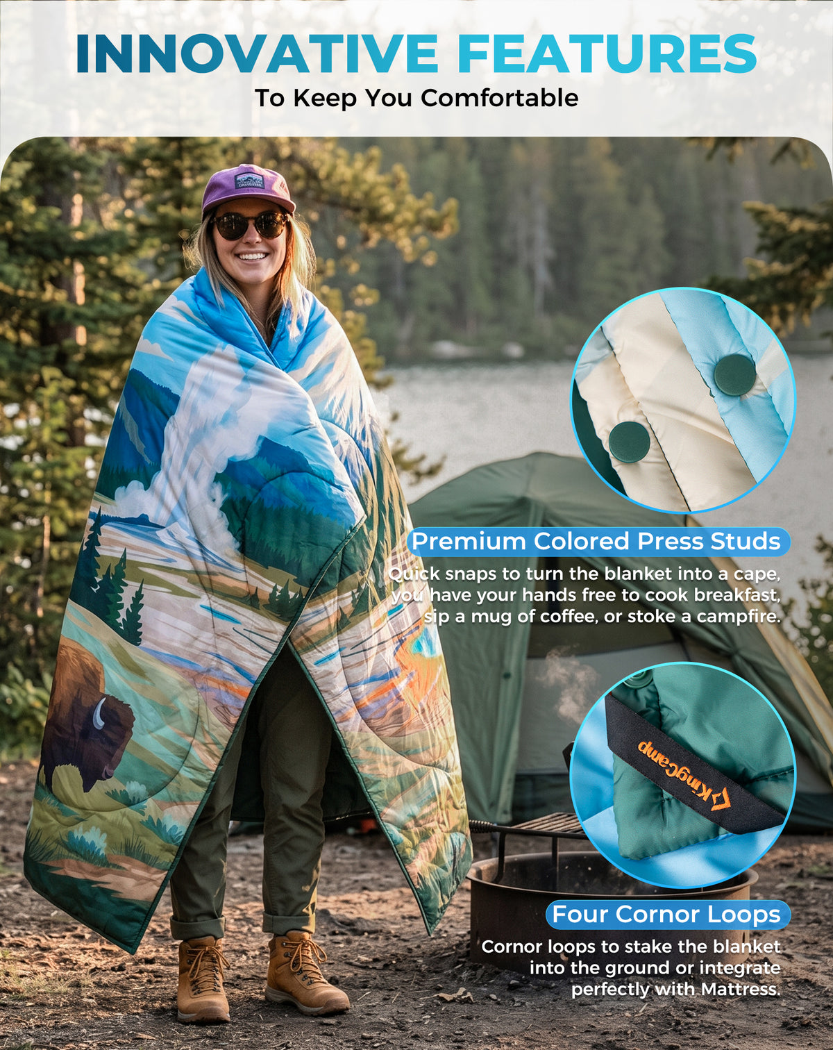 KingCamp SMART 150 XL Lightweight Camping Blanket – Prism / Canoe / Savan