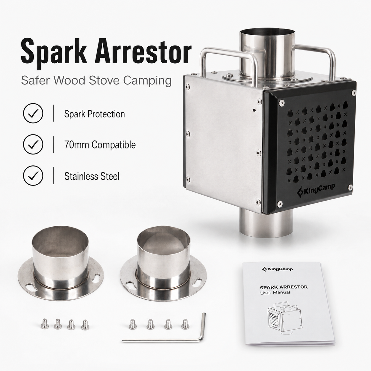 KingCamp Spark Arrestor for Tent Stove | 70mm Stainless Steel Spark Protector for Wood Stoves
