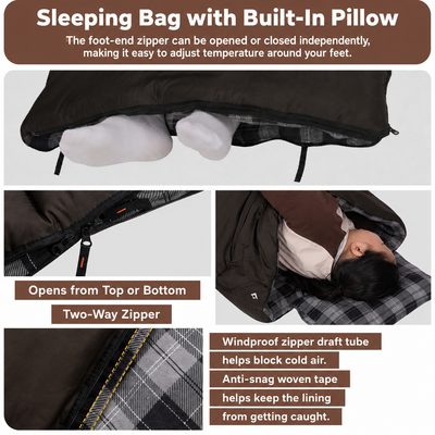 KingCamp Trippy C Single Envelope Sleeping Bag with Flannel Lining & Pillow