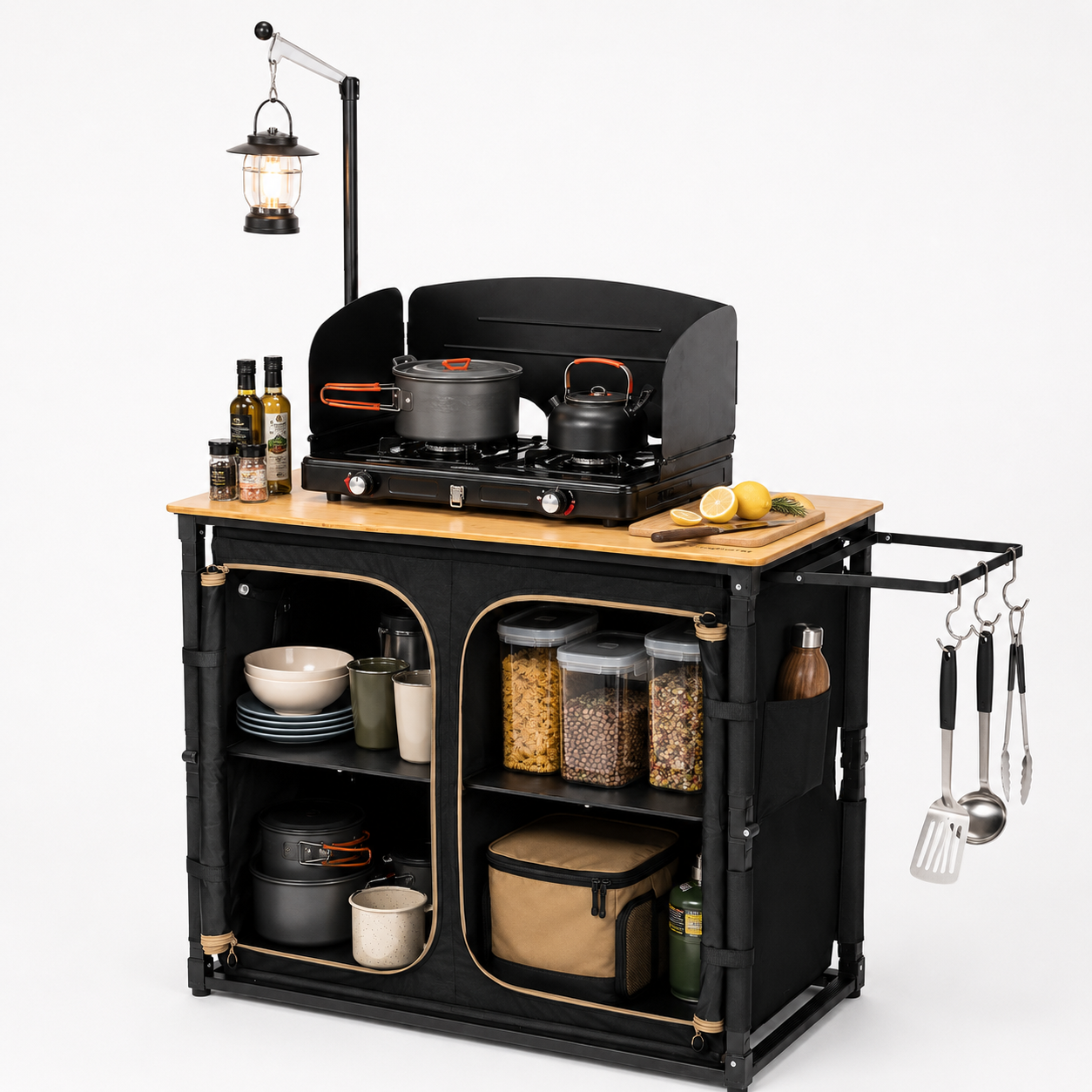 KingCamp Bamboo Camping Kitchen Table with Lantern Stand